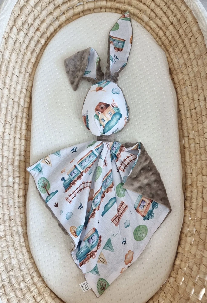 Minkštas dvipusis žaislas kūdikiui, medvilnė ir minky, turkio traukinukas, pilkas