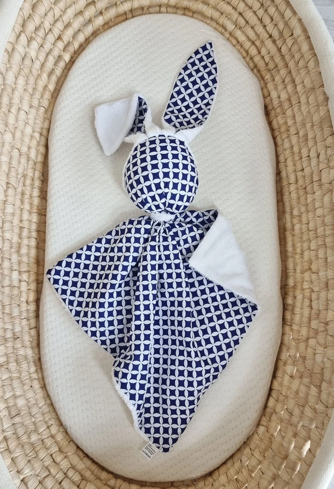 Minkštas dvipusis žaislas kūdikiui, medvilnė ir minky, tamsiai mėlynas