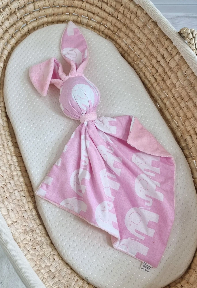 Minkštas dvipusis žaislas kūdikiui, medvilnė ir minky, rožiniai drambliai, rožinis