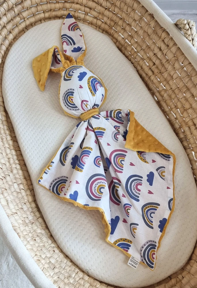 Minkštas dvipusis žaislas kūdikiui, medvilnė ir minky, vaivorykštės geltonas