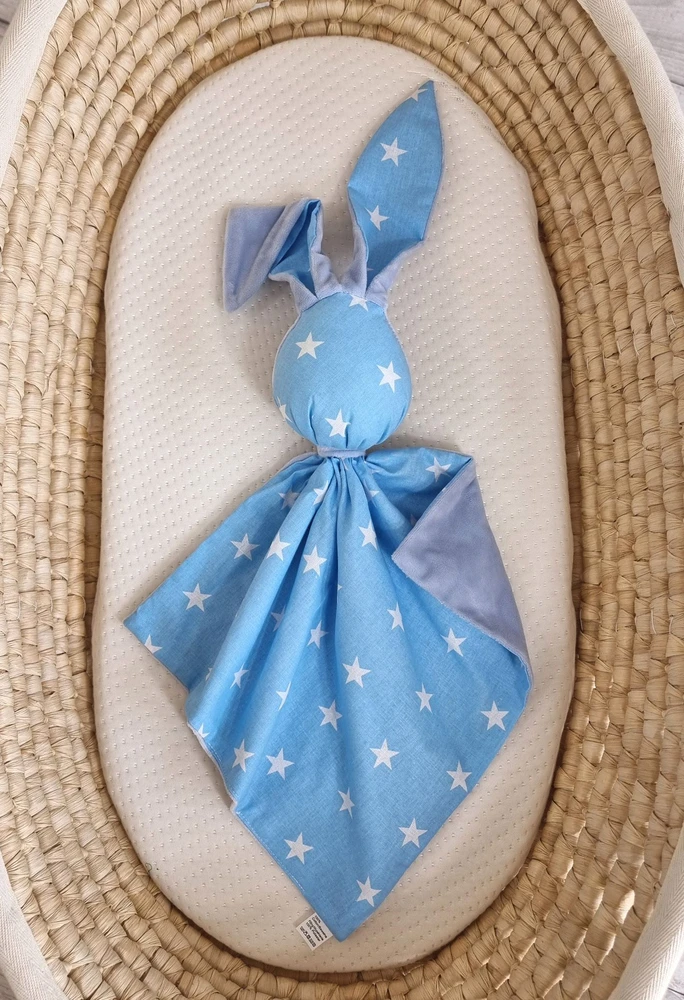Minkštas dvipusis žaislas kūdikiui, medvilnė ir minky, mėlyni žvaigždutės