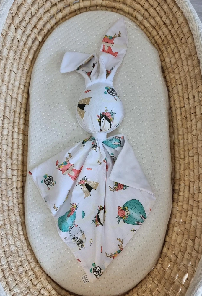 Minkštas dvipusis žaislas kūdikiui, medvilnė ir minky, smėlio lapės, balta