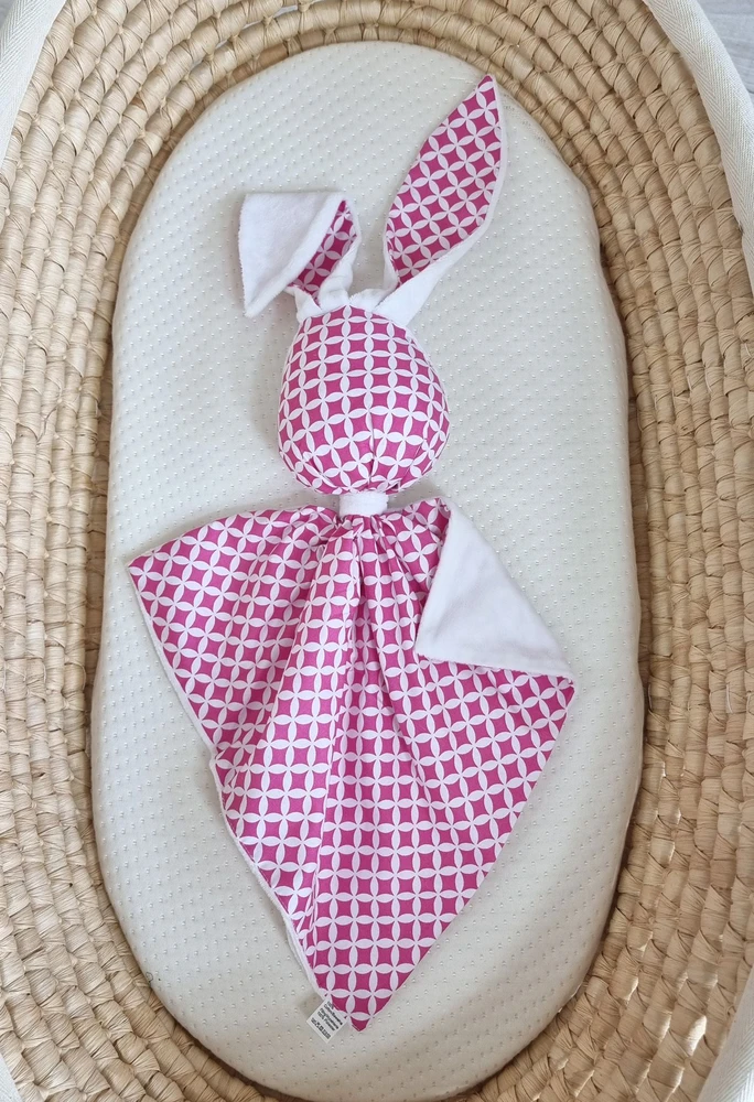 Minkštas dvipusis žaislas kūdikiui, medvilnė ir minky, rožinė balta