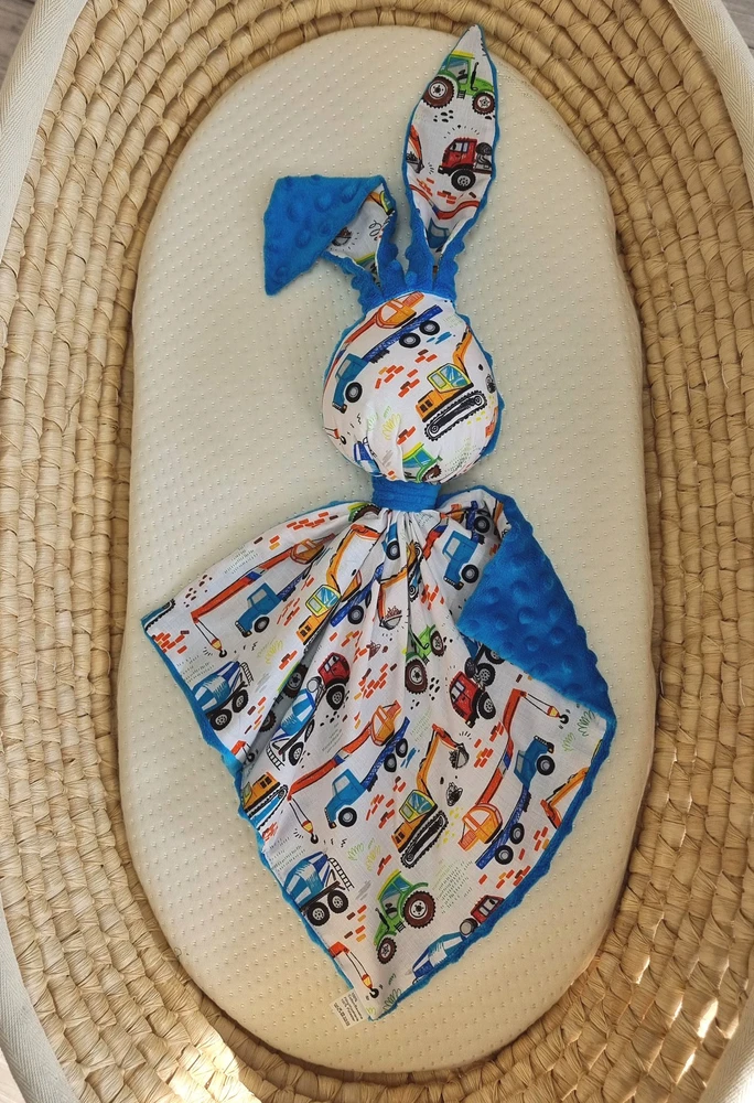Minkštas dvipusis žaislas kūdikiui, medvilnė ir minky, mėlynas, statybų tema