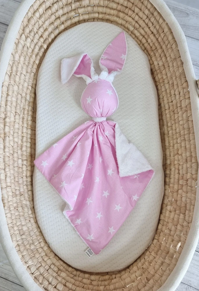Minkštas dvipusis žaislas kūdikiui, medvilnė ir minky, rožinės žvaigždutės