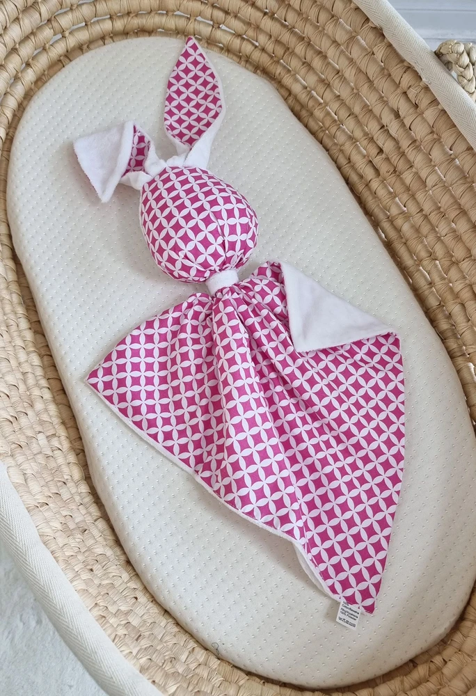 Minkštas dvipusis žaislas kūdikiui, medvilnė ir minky, rožinė balta