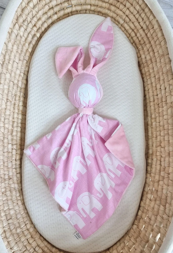 Minkštas dvipusis žaislas kūdikiui, medvilnė ir minky, rožiniai drambliai, rožinis