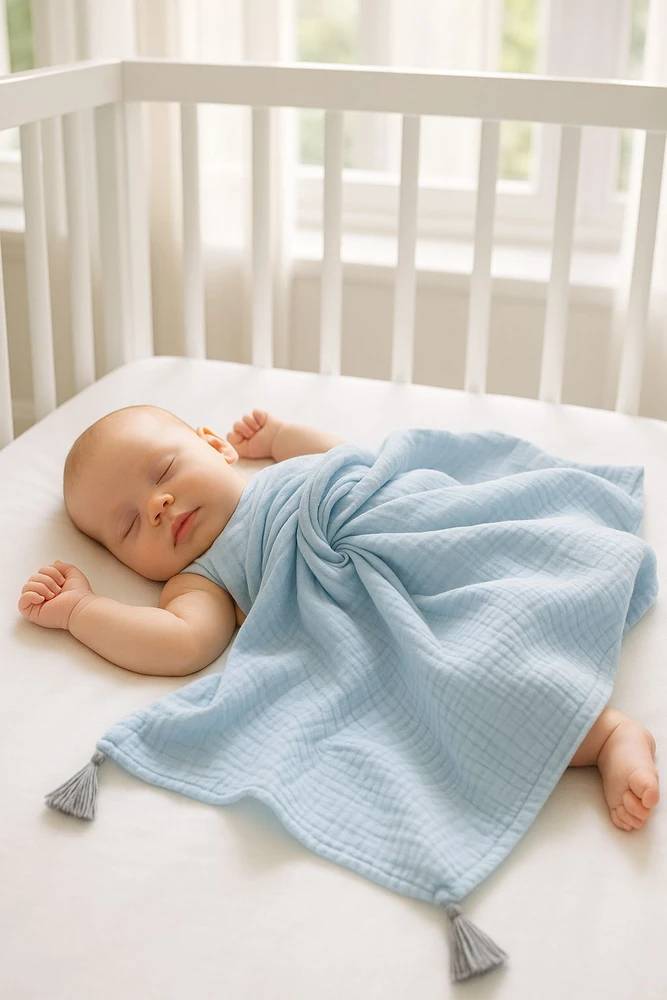 My Sweet Baby Muslino vaikiška antklodė su kutais – mėlyna