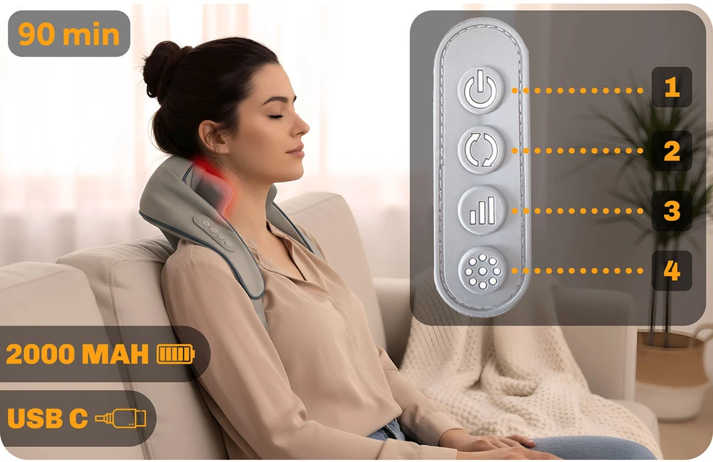 Neo-Sport NS-505 bevielis shiatsu masažuoklis nugarai, kaklui ir sprandui, 3 režimai, šildymas