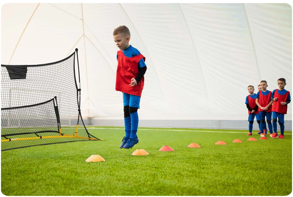 Neo-Sport Futbolo atmušėjo tinklas, 210 x 120 x 35 cm, treniruočių atmušėjas futbolui, atmušėjo tinklas futbolo treniruotėms, dvipusis atmušėjas, nešiojamas futbolo atmušėjas