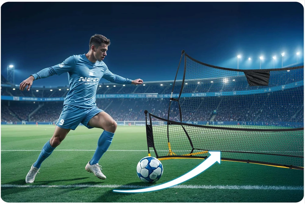 Neo-Sport Futbolo atmušėjo tinklas, 210 x 120 x 35 cm, treniruočių atmušėjas futbolui, atmušėjo tinklas futbolo treniruotėms, dvipusis atmušėjas, nešiojamas futbolo atmušėjas