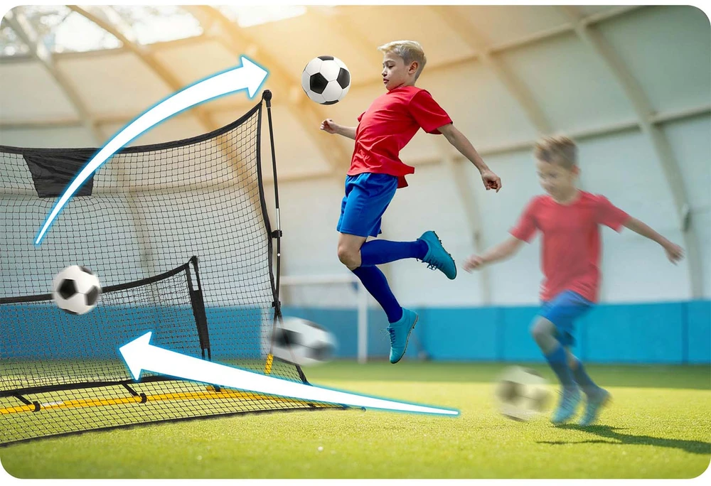 Neo-Sport Futbolo atmušėjo tinklas, 210 x 120 x 35 cm, treniruočių atmušėjas futbolui, atmušėjo tinklas futbolo treniruotėms, dvipusis atmušėjas, nešiojamas futbolo atmušėjas