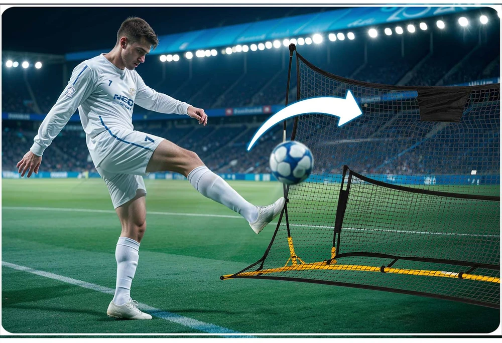 Neo-Sport Futbolo atmušėjo tinklas, 210 x 120 x 35 cm, treniruočių atmušėjas futbolui, atmušėjo tinklas futbolo treniruotėms, dvipusis atmušėjas, nešiojamas futbolo atmušėjas