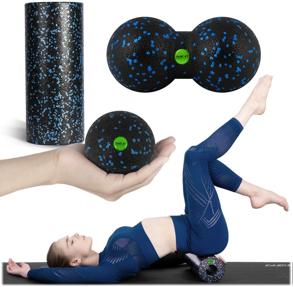 Neo-Sport Mankštos volelio + kamuolio + dvigubo masažo kamuolio rinkinys NS-998, juodas ir mėlynas