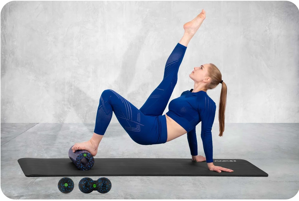 Neo-Sport Mankštos volelio + kamuolio + dvigubo masažo kamuolio rinkinys NS-998, juodas ir mėlynas
