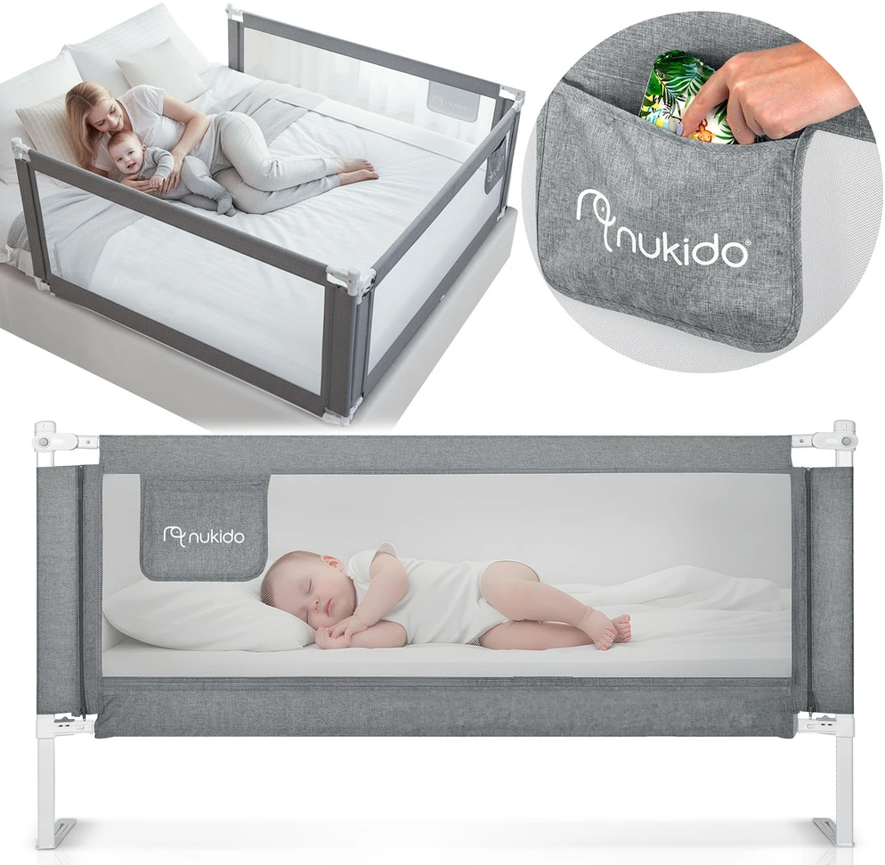 Nukido Kūdikio lovos apsauga, 200 cm ilgio, apsauginis barjeras vaikų lovai, pilka apsauginė pusė, sulankstoma lovos apsauga