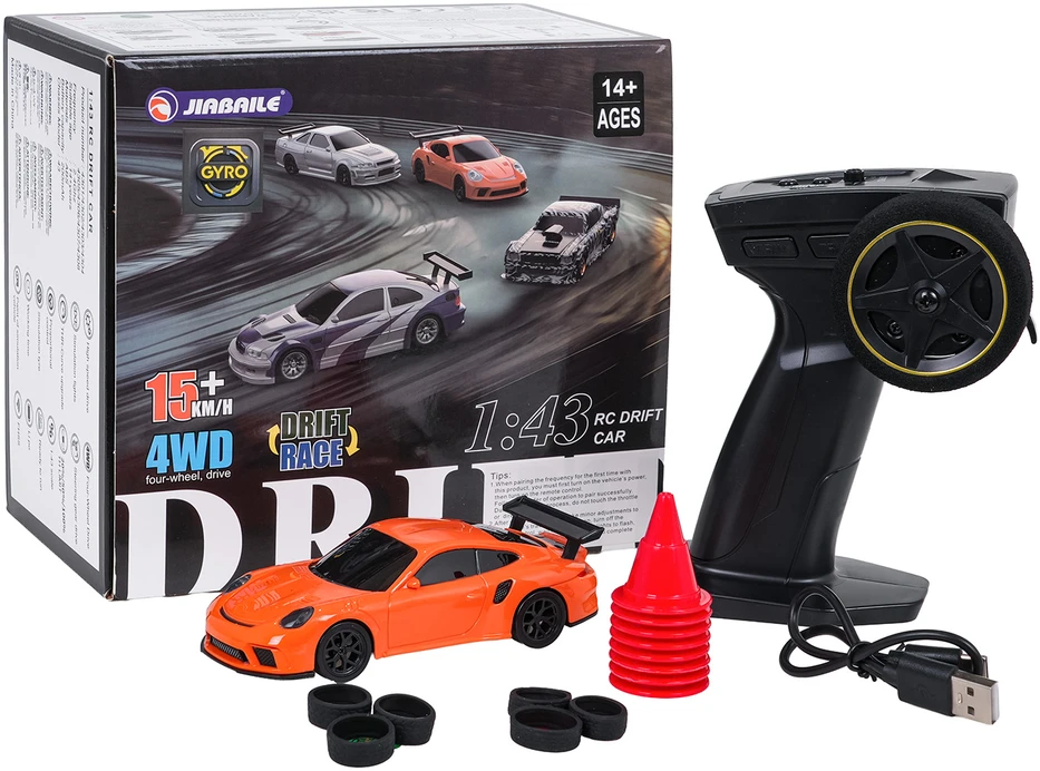 Nuotoliniu būdu valdomas 1:43 oranžinis drift automobilis su priedais
