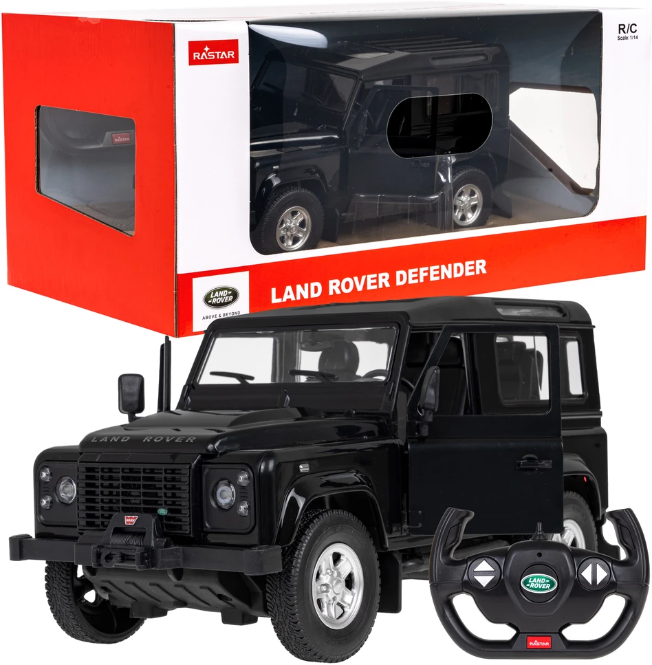 Land Rover Defender juoda RASTAR modelis 1:14 Zdalnie sterowanie auto + Pilot 2,4 GHz + Ręcznie otwierane drzwi