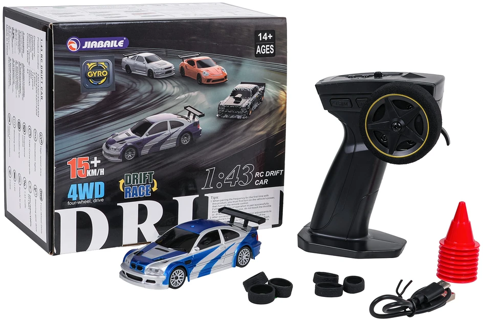 Nuotoliniu būdu valdomas drift automobilis 1:43 mėlynas su priedais