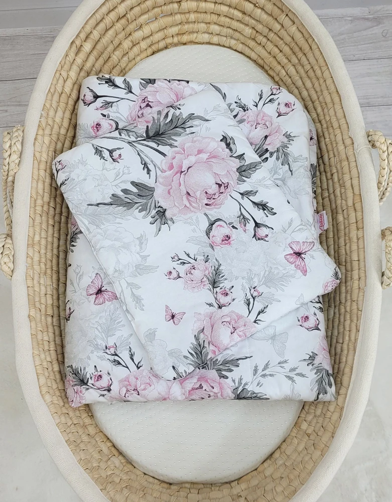 Bobono Patalynės komplektas kūdikiui su rožiniais bijūnais 75x100cm Newborn