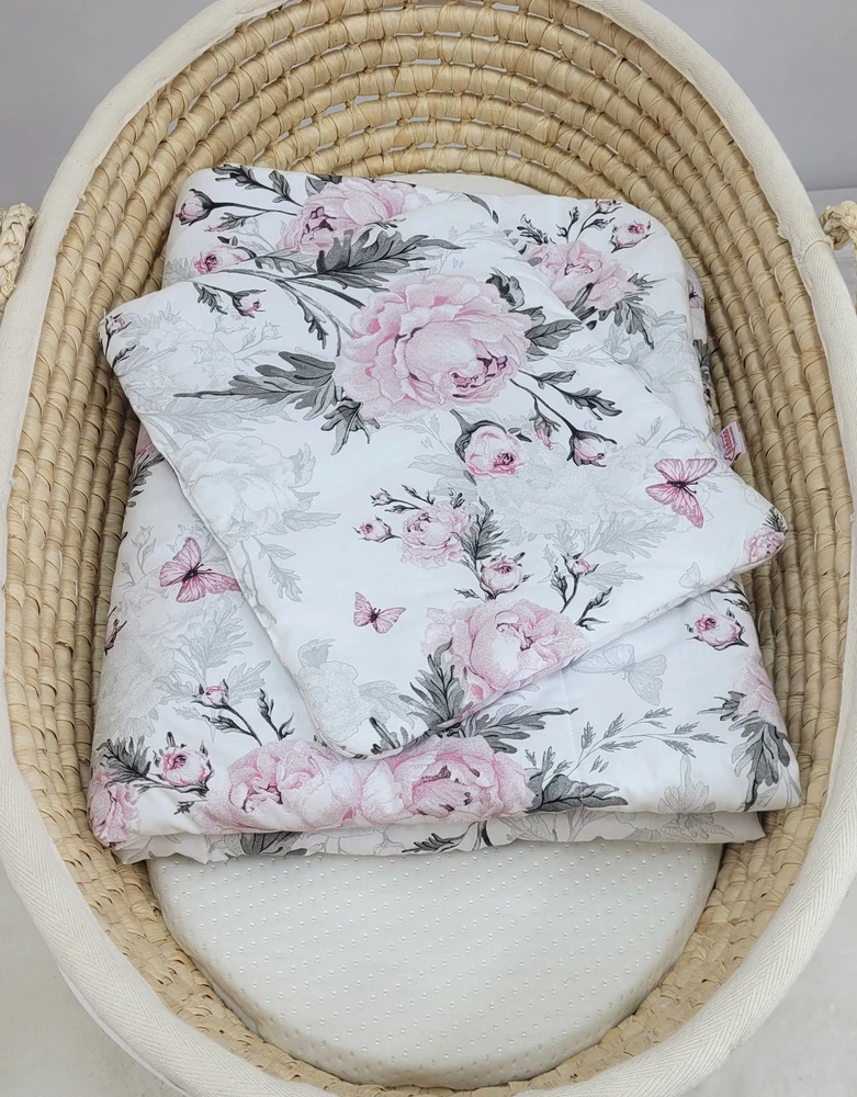 Bobono Patalynės komplektas kūdikiui su rožiniais bijūnais 75x100cm Newborn