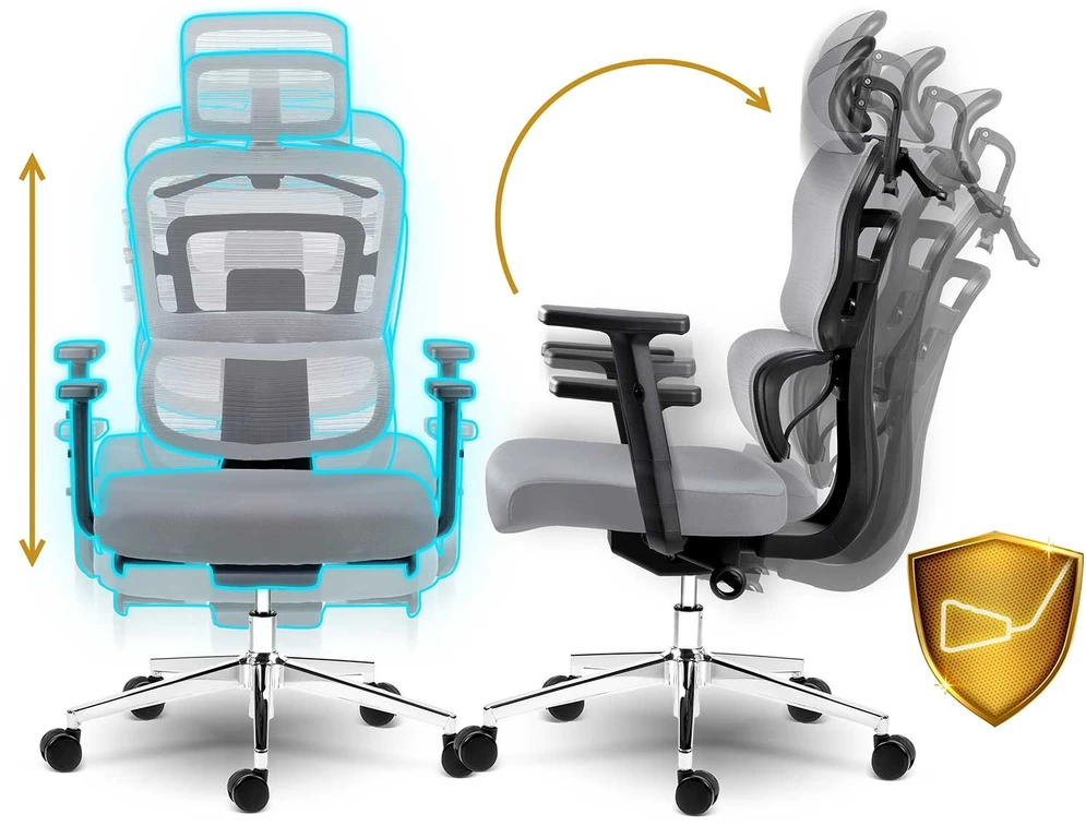 Sofotel Biuro kėdė su tinklelio atlošu, ergonomiško dizaino, reguliuojamo aukščio, pilka darbo kėdė, supimo funkcija, patogi kompiuterio kėdė