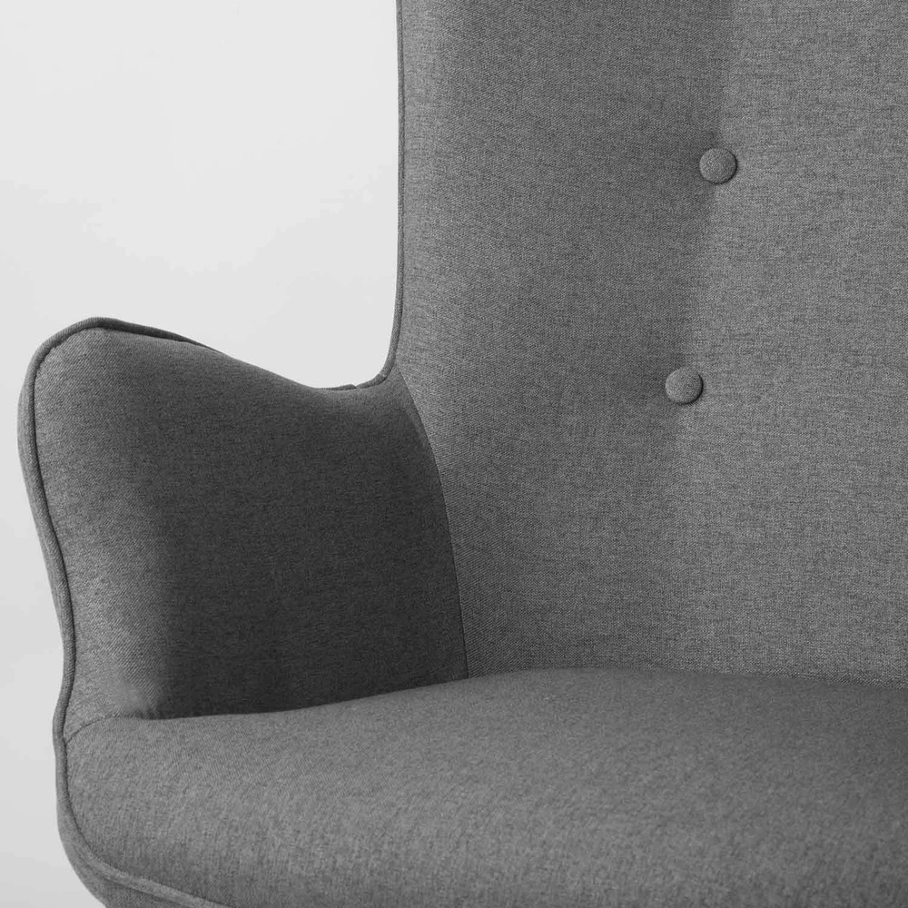 Sofotel Pilkas audinio fotelis su pakoja, patogus poilsio krėslas, modernūs svetainės baldai, atsipalaidavimo fotelių komplektas