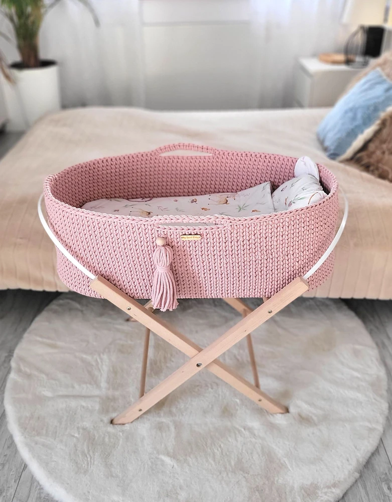 My Sweet Baby Pintas kūdikio lopšys BOHO su stoveliu, rankų darbo, pastelinė rožinė