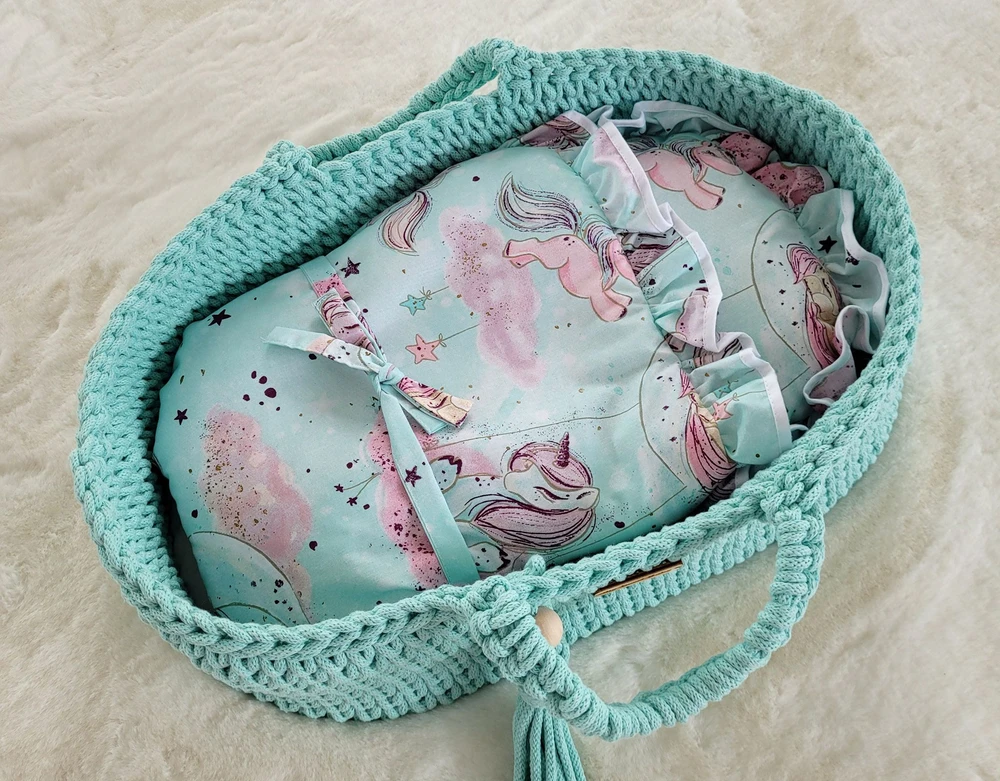 Lėlių nešynė boho stiliaus, mėtų spalvos medvilnė