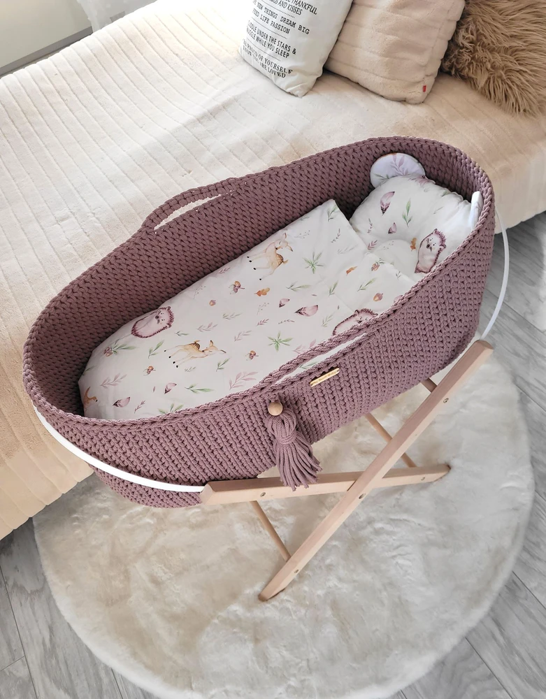 My Sweet Baby Pintas kūdikio lopšys su stovu, rankų darbo, mauvės spalvos