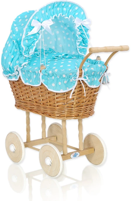 My Sweet Baby Lėlės pintas vežimėlis su turkio spalvos patalyne – natūralus