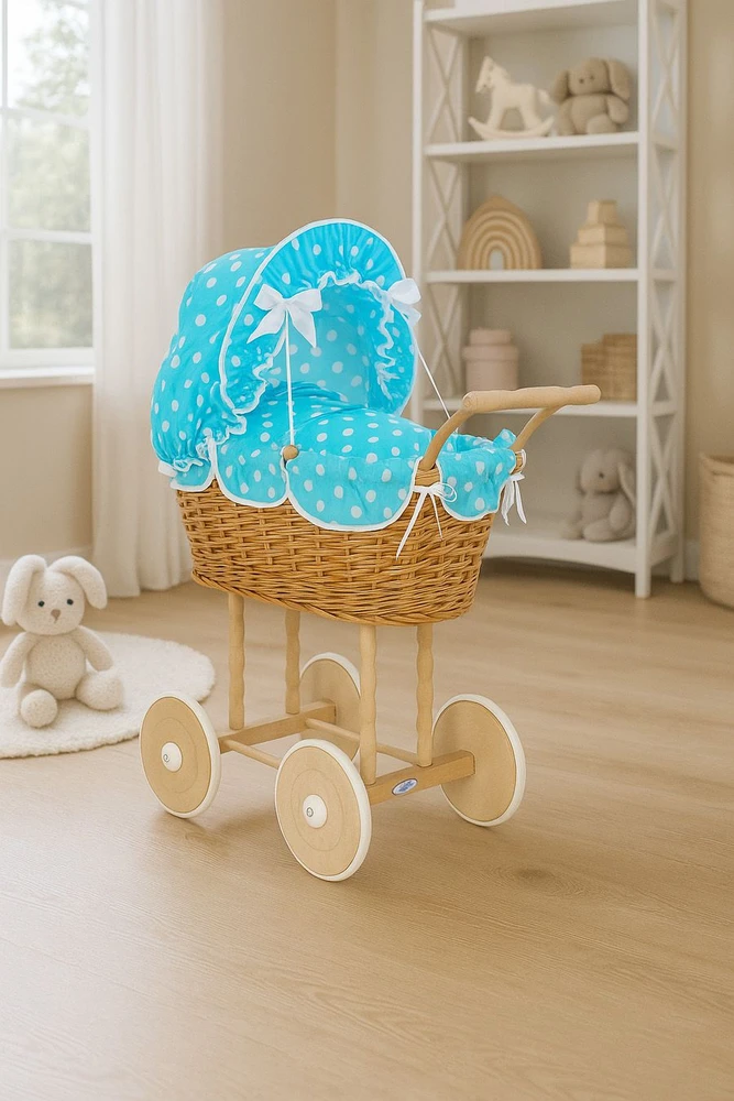 My Sweet Baby Lėlės pintas vežimėlis su turkio spalvos patalyne – natūralus