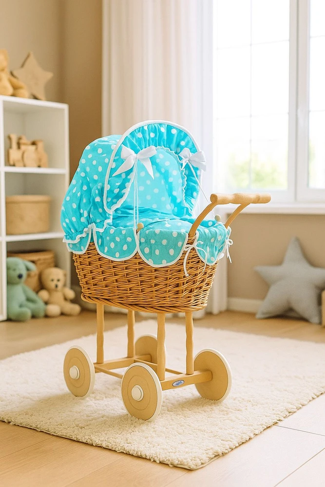My Sweet Baby Lėlės pintas vežimėlis su turkio spalvos patalyne – natūralus