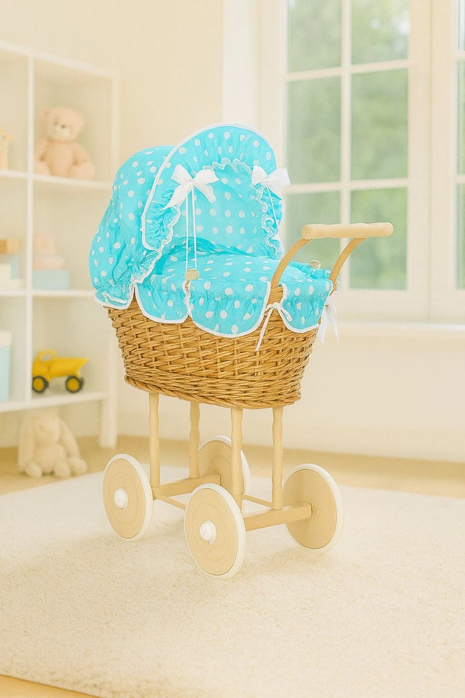 My Sweet Baby Lėlės pintas vežimėlis su turkio spalvos patalyne – natūralus