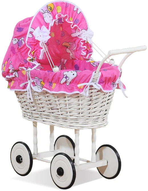 My Sweet Baby Lėlės pintas vežimėlis su rožine patalyne – baltas