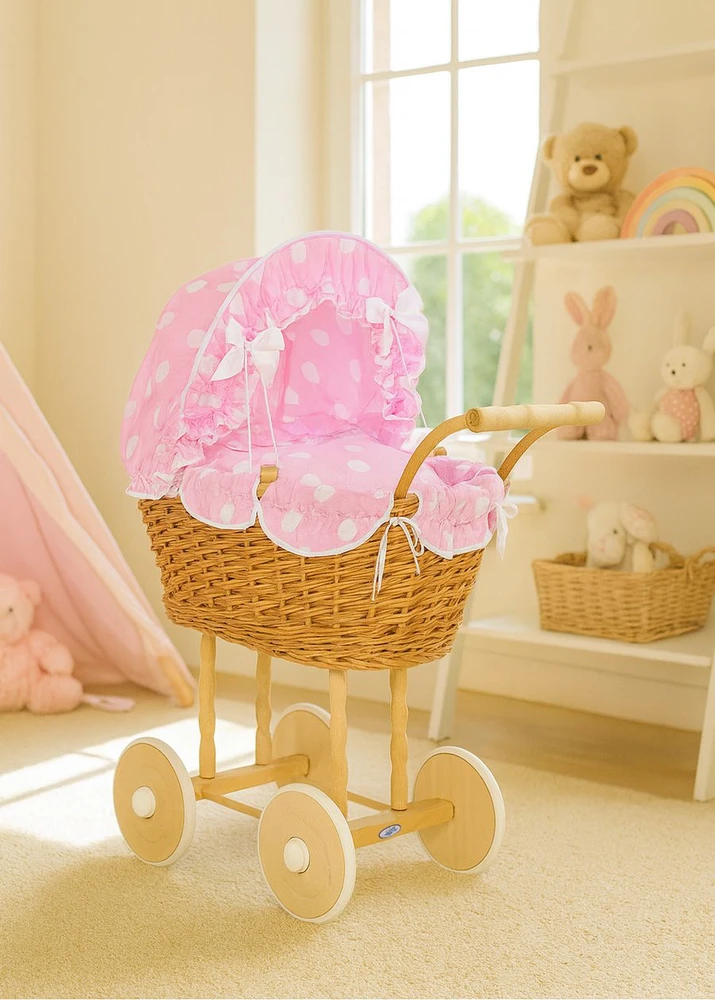 My Sweet Baby Lėlės pintas vežimėlis su rožine patalyne – natūralus