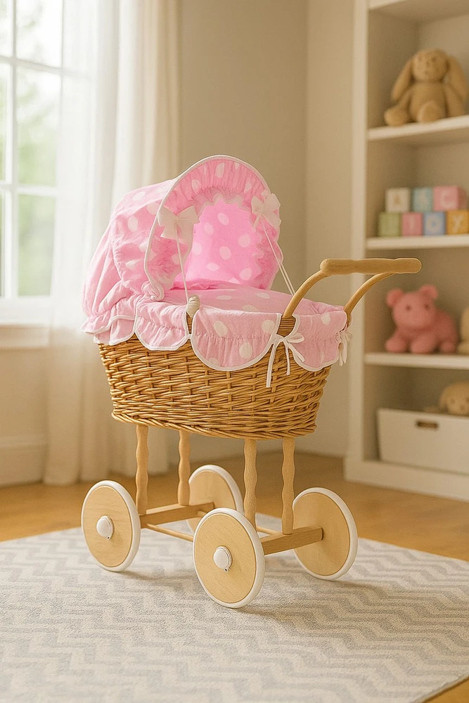 My Sweet Baby Lėlės pintas vežimėlis su rožine patalyne – natūralus