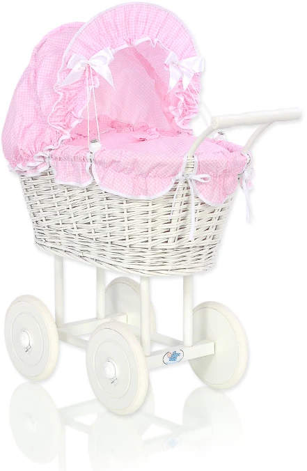 My Sweet Baby Lėlių pintas vežimėlis su rožine patalyne – baltas