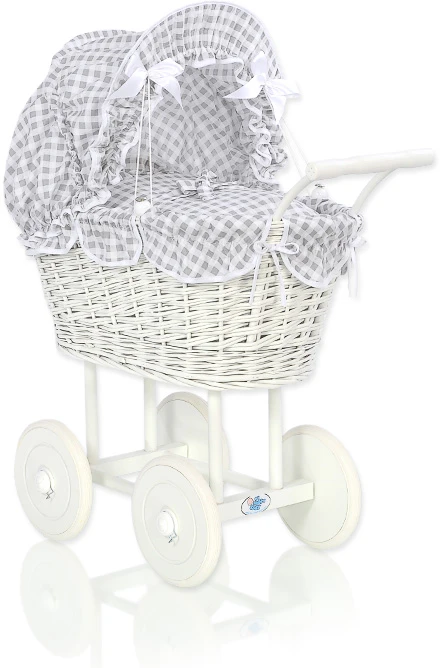 My Sweet Baby Lėlės pintas vežimėlis su pilka patalyne – baltas