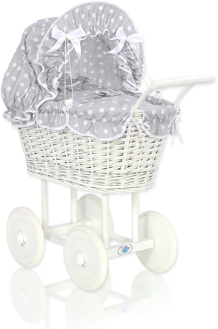 My Sweet Baby Lėlės pintas vežimėlis su pilka patalyne – baltas