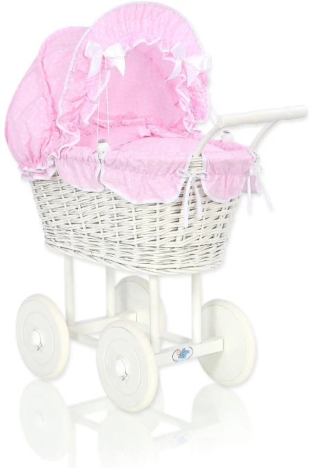 My Sweet Baby Lėlių pintas vežimėlis su rožine patalyne – baltas