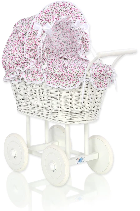 My Sweet Baby Lėlės pintas vežimėlis su rožine patalyne – baltas
