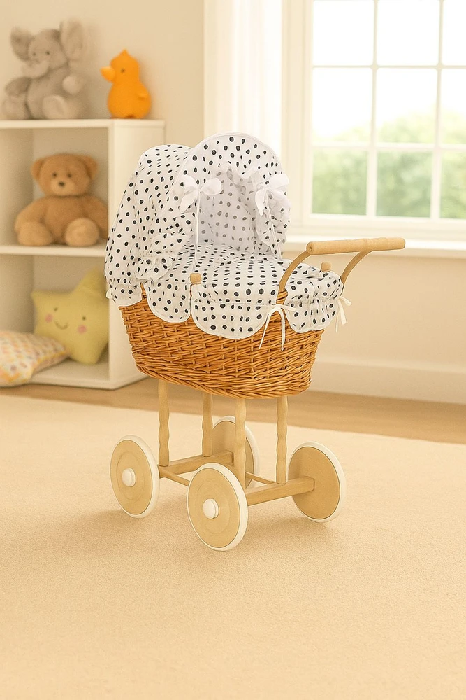 My Sweet Baby Lėlės pintas vežimėlis su juodai balta patalyne – natūralus