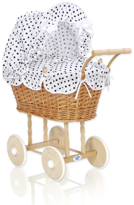 My Sweet Baby Lėlės pintas vežimėlis su juodai balta patalyne – natūralus