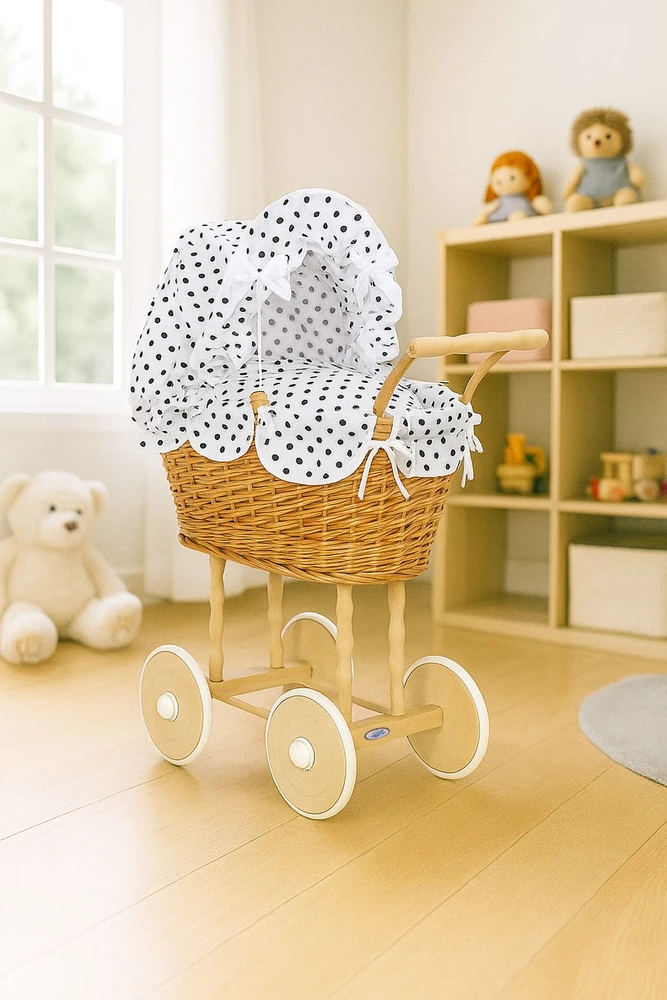 My Sweet Baby Lėlės pintas vežimėlis su juodai balta patalyne – natūralus