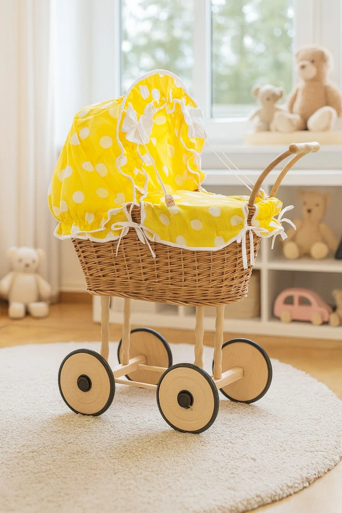 My Sweet Baby Lėlės pintas vežimėlis su gelta patalyne – natūralus