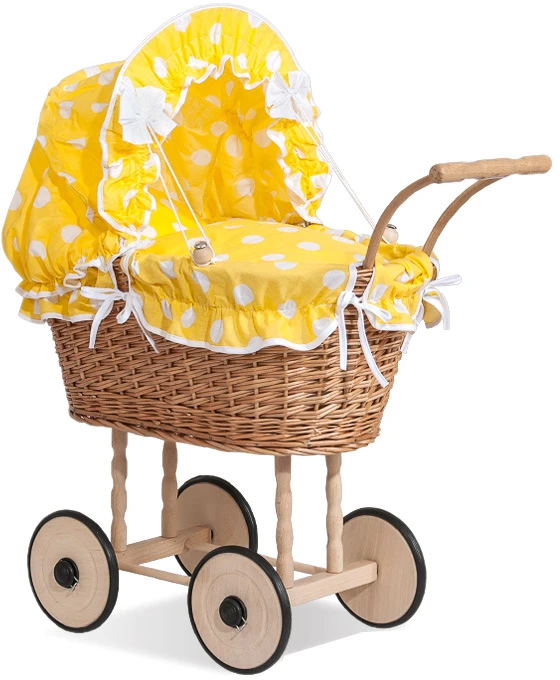 My Sweet Baby Lėlės pintas vežimėlis su gelta patalyne – natūralus
