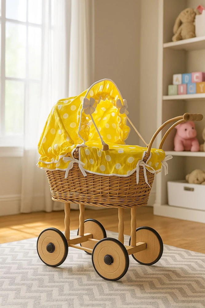My Sweet Baby Lėlės pintas vežimėlis su gelta patalyne – natūralus