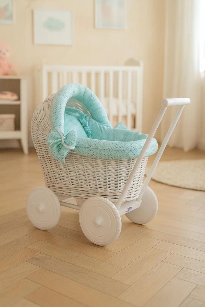 My Sweet Baby Lėlių pintas vežimėlis baltas su mėtų spalvos patalyne