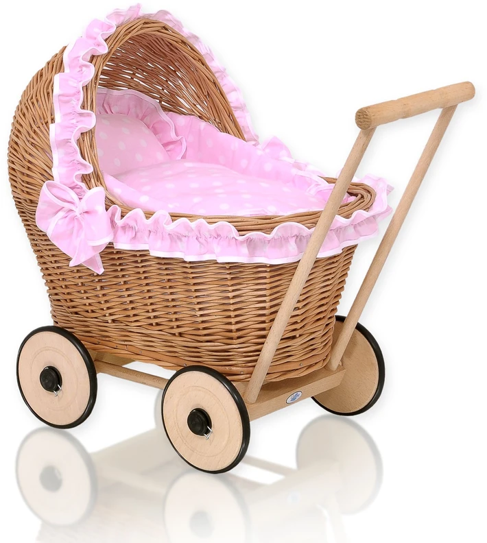 My Sweet Baby Lėlės pintas vežimėlis su rožine patalyne ir paminkštinimu